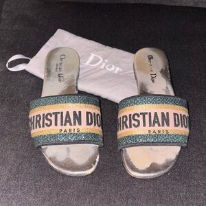Christian Dior Green and Tan Slides Size 37